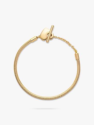 Brazalete Cadena De Serpiente Con Barra T Pandora Moments Con Corazón Recubrimiento En Oro 14k 16 cm