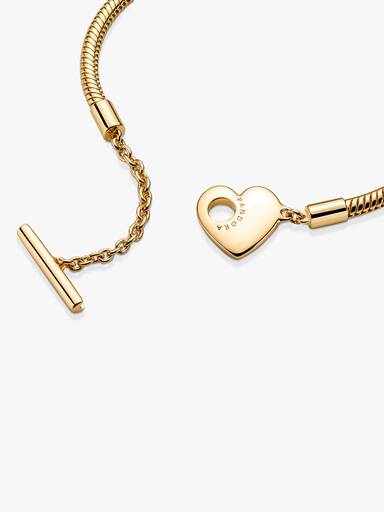 Brazalete Cadena De Serpiente Con Barra T Pandora Moments Con Corazón Recubrimiento En Oro 14k 16 cm