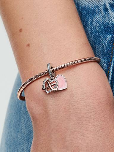 Charm colgante Corazón con Infinito resplandeciente Bañado en Oro Rosa de 14k