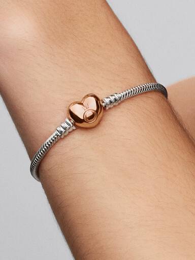 Brazalete Pandora Moments cadena de serpiente con broche de corazón en Recubrimiento en Oro Rosa de 14k 16 cm