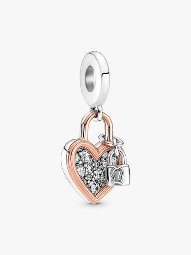 Charm Colgante Doble Candado Del Corazón Bañado En Oro Rosa 14k
