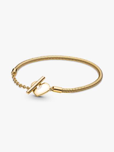 Brazalete Cadena De Serpiente Con Barra T Pandora Moments Con Corazón Recubrimiento En Oro 14k 16 cm