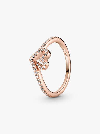 Anillo Hueso de los deseos con corazón reluciente Bañado en Oro Rosa de 14k