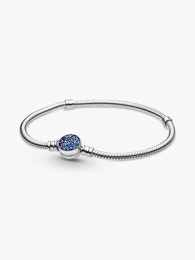Brazalete cadena de serpiente Pandora Moments con broche de disco azul resplandeciente 16 cm
