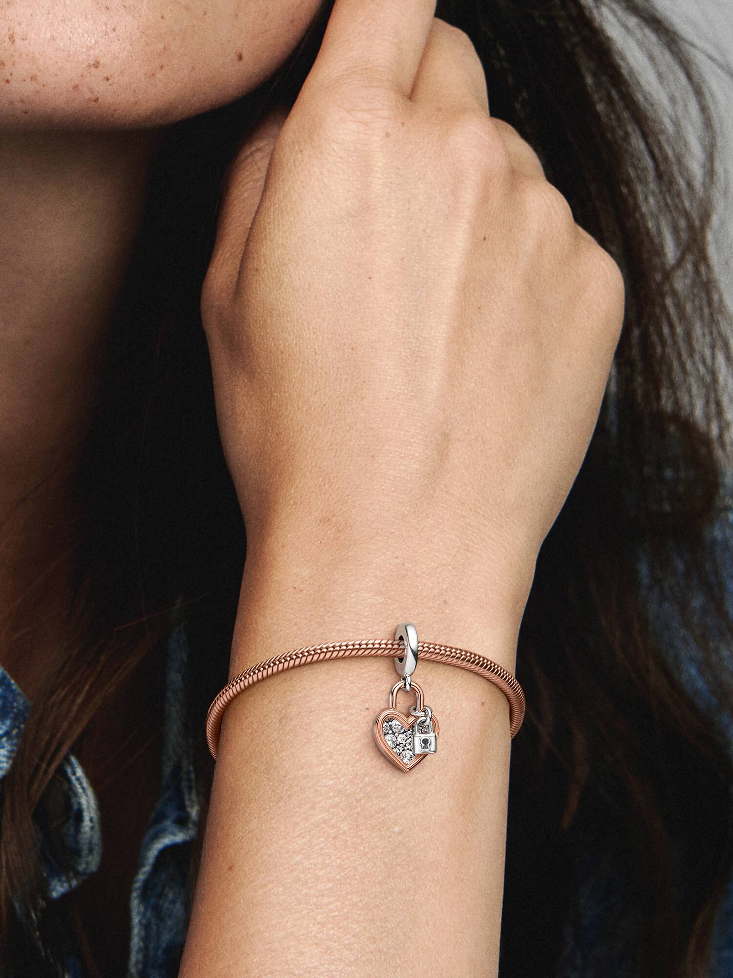Charm Colgante Doble Candado Del Corazón Bañado En Oro Rosa 14k