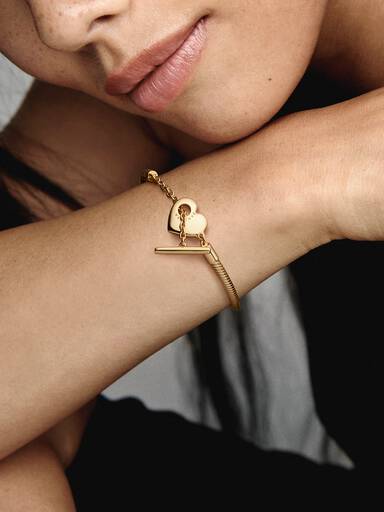 Brazalete Cadena De Serpiente Con Barra T Pandora Moments Con Corazón Recubrimiento En Oro 14k 16 cm