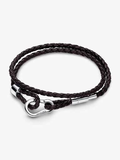 Brazalete Pandora Moments en Cuero Trenzado Doble Marrón 38 cm