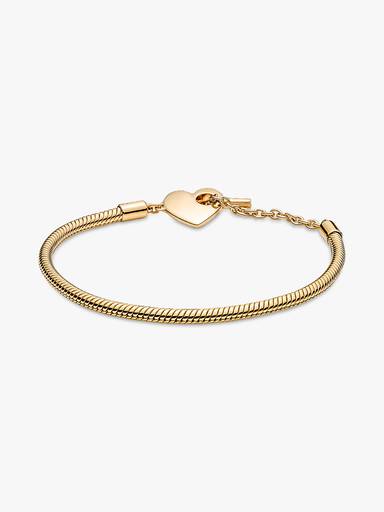 Brazalete Cadena De Serpiente Con Barra T Pandora Moments Con Corazón Recubrimiento En Oro 14k 16 cm