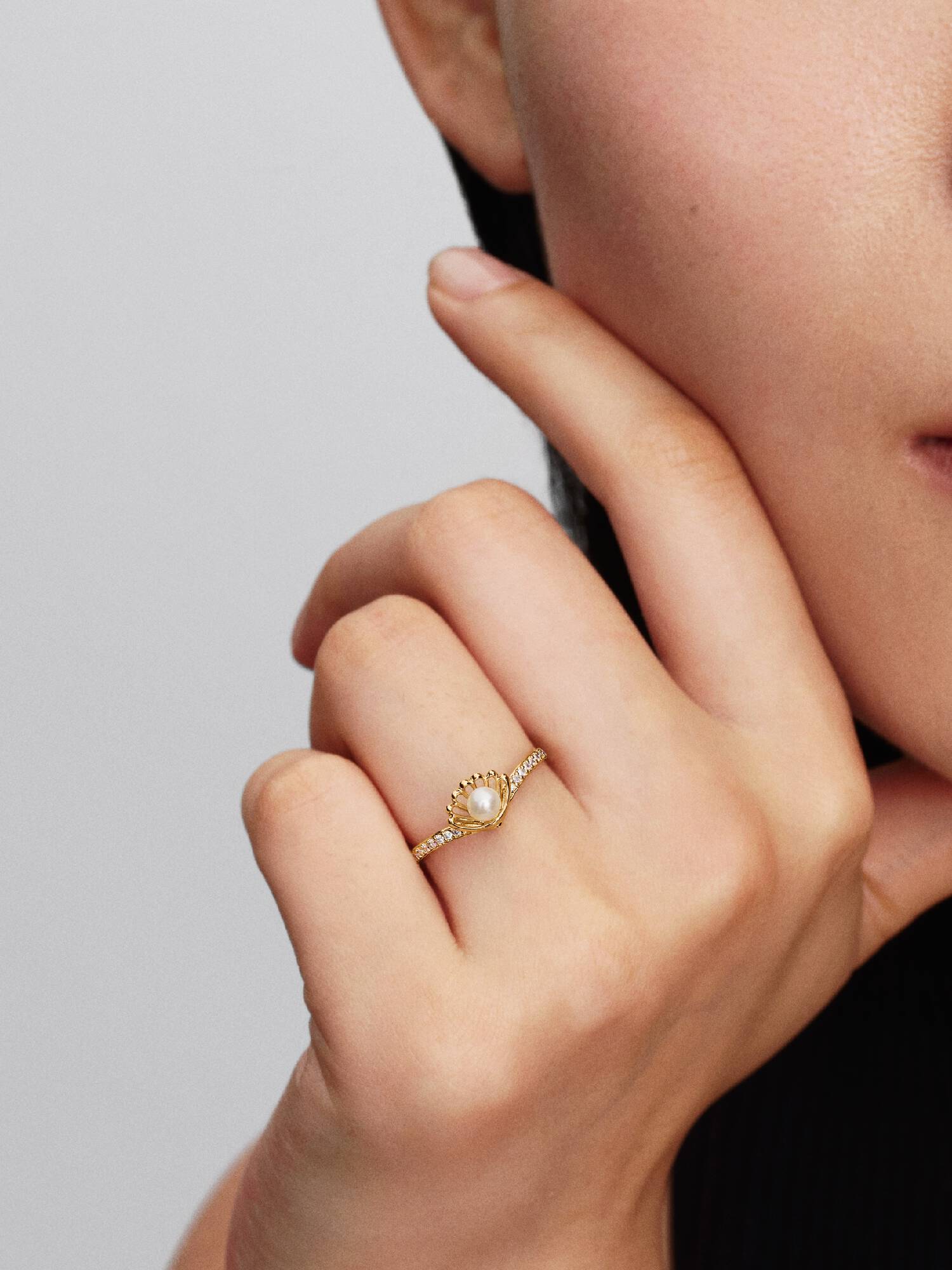 Anillo Perla Cultivada de Agua Dulce Tratada Concha de Princesa Ariel de Disney