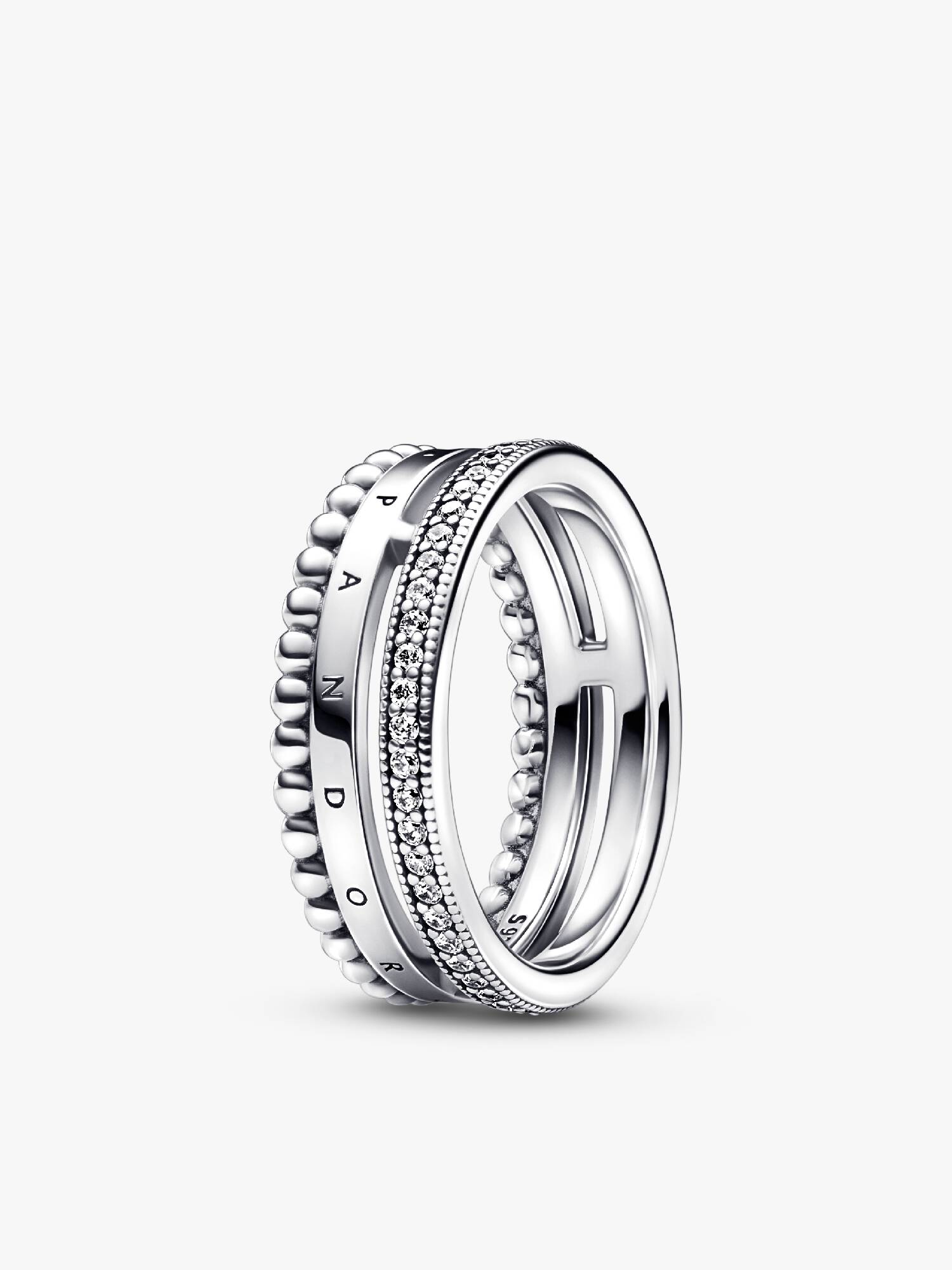 Anillo Pavé y Cuentas Logotipo Pandora Signature
