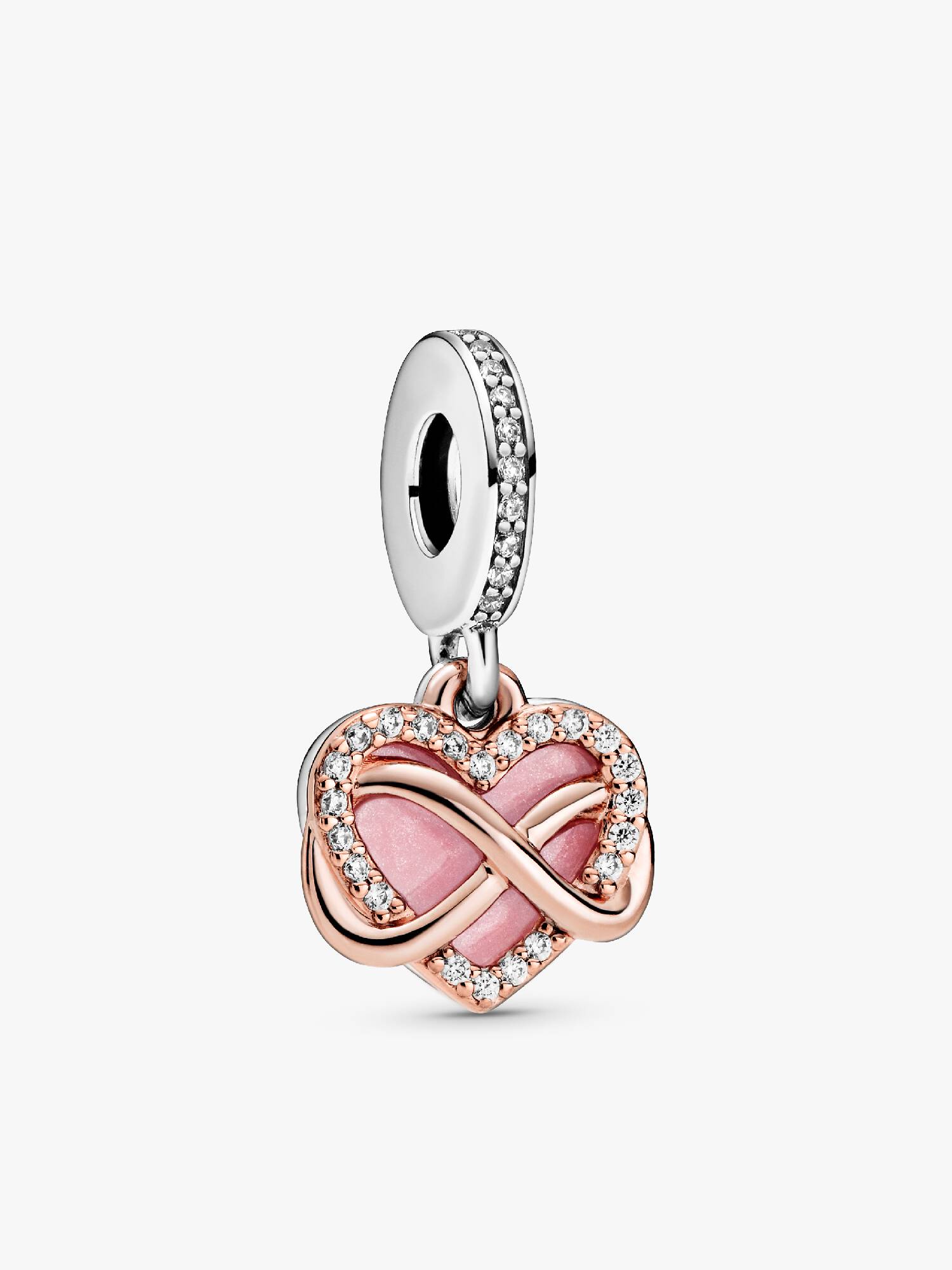 Charm colgante Corazón con Infinito resplandeciente Bañado en Oro Rosa de 14k