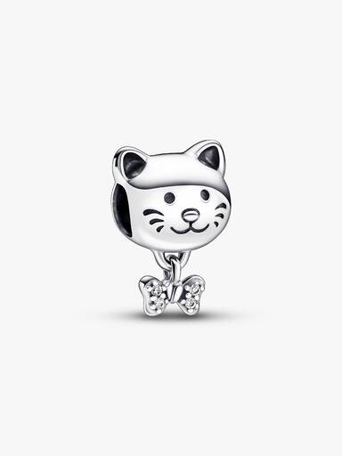 Charm Gato mascota y moño Pandora Plata Esterlina