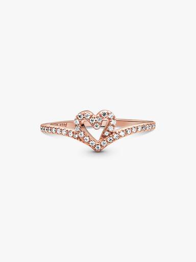 Anillo Hueso de los deseos con corazón reluciente Bañado en Oro Rosa de 14k
