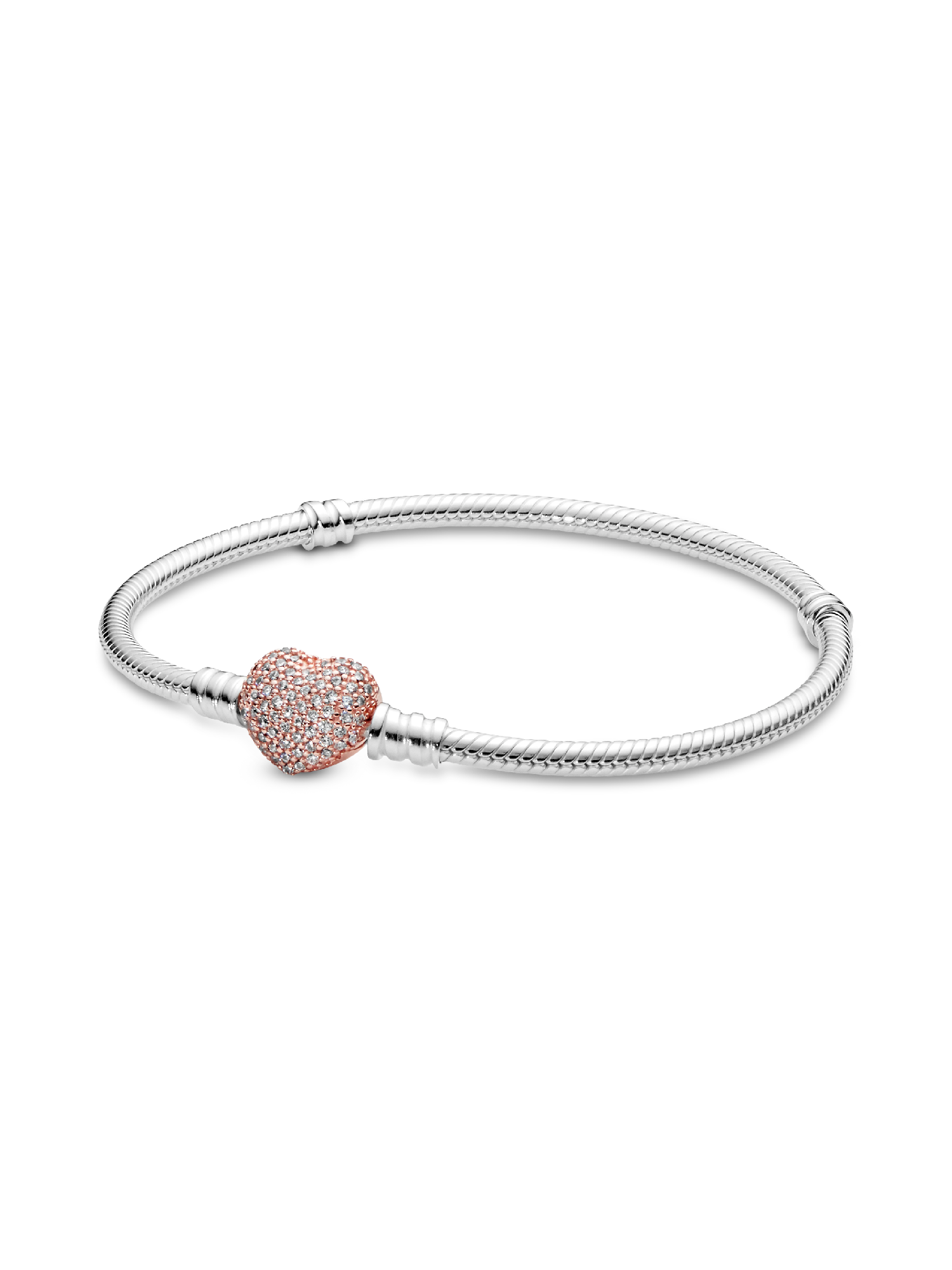 Brazalete Pandora Moments cadena de serpiente con broche brillante de corazón en Bañado en Oro Rosa de 14k
